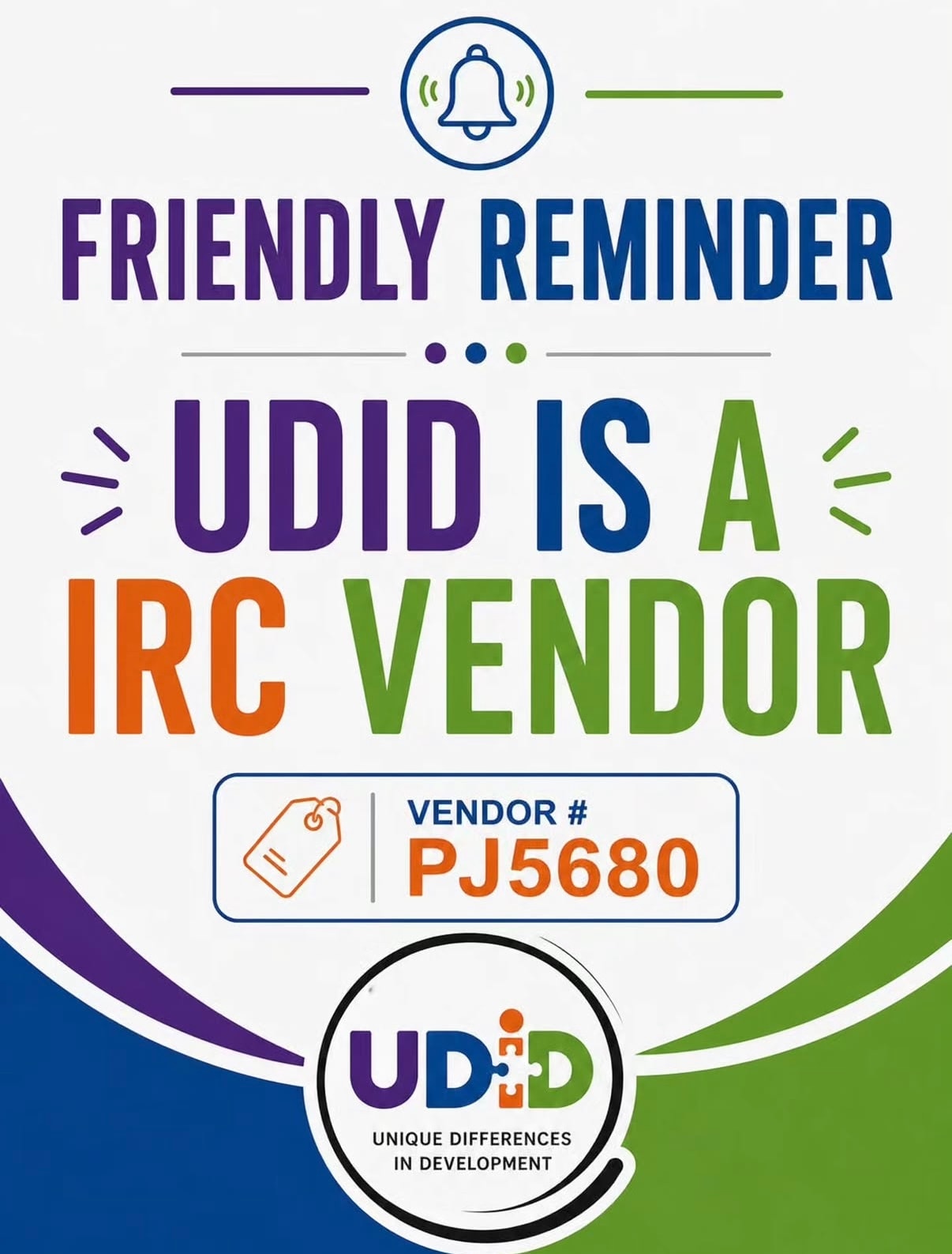 Official graphic confirming UDID Academy is a certified IRC Vendor with Vendor Number PJ5680